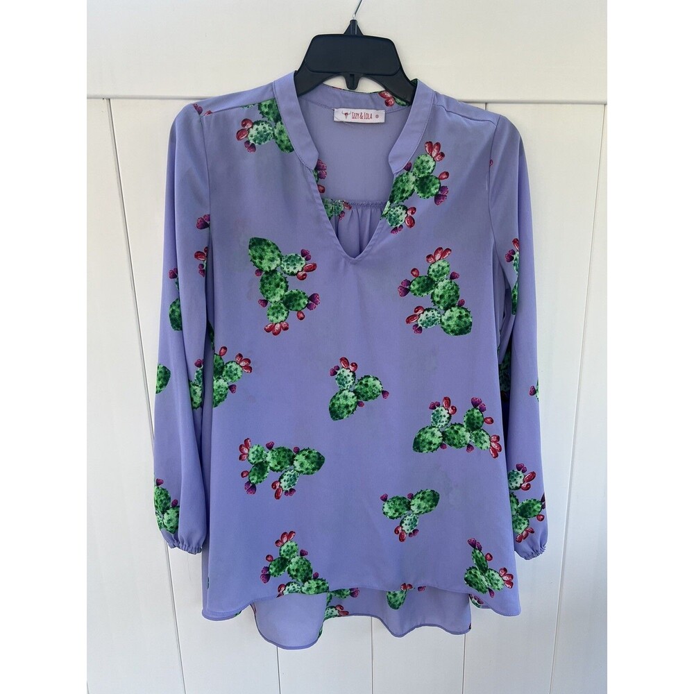 Izzy & Lola Womens Small Blouse Long Sleeve Purple Cactus Floral